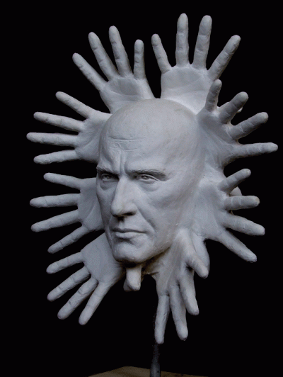 Manly head with halo-shaped hands, plaster, h 60 x 43 x 24, 2011