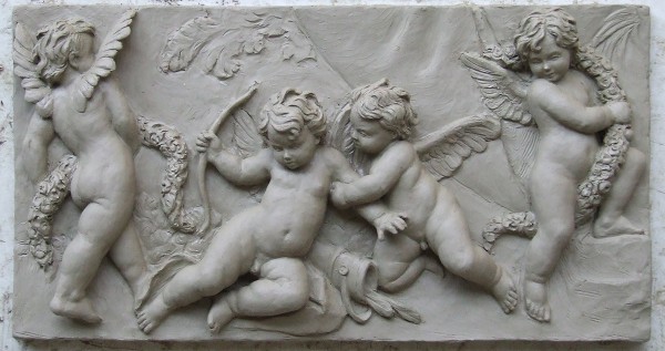 First bas-relief with putti, clay, 2016